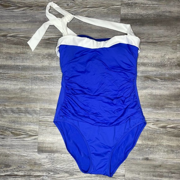 LAUREN RALPH LAUREN Royal Blue/White Shirred Halter Bandeau One Piece Swimsuit - Picture 2 of 5